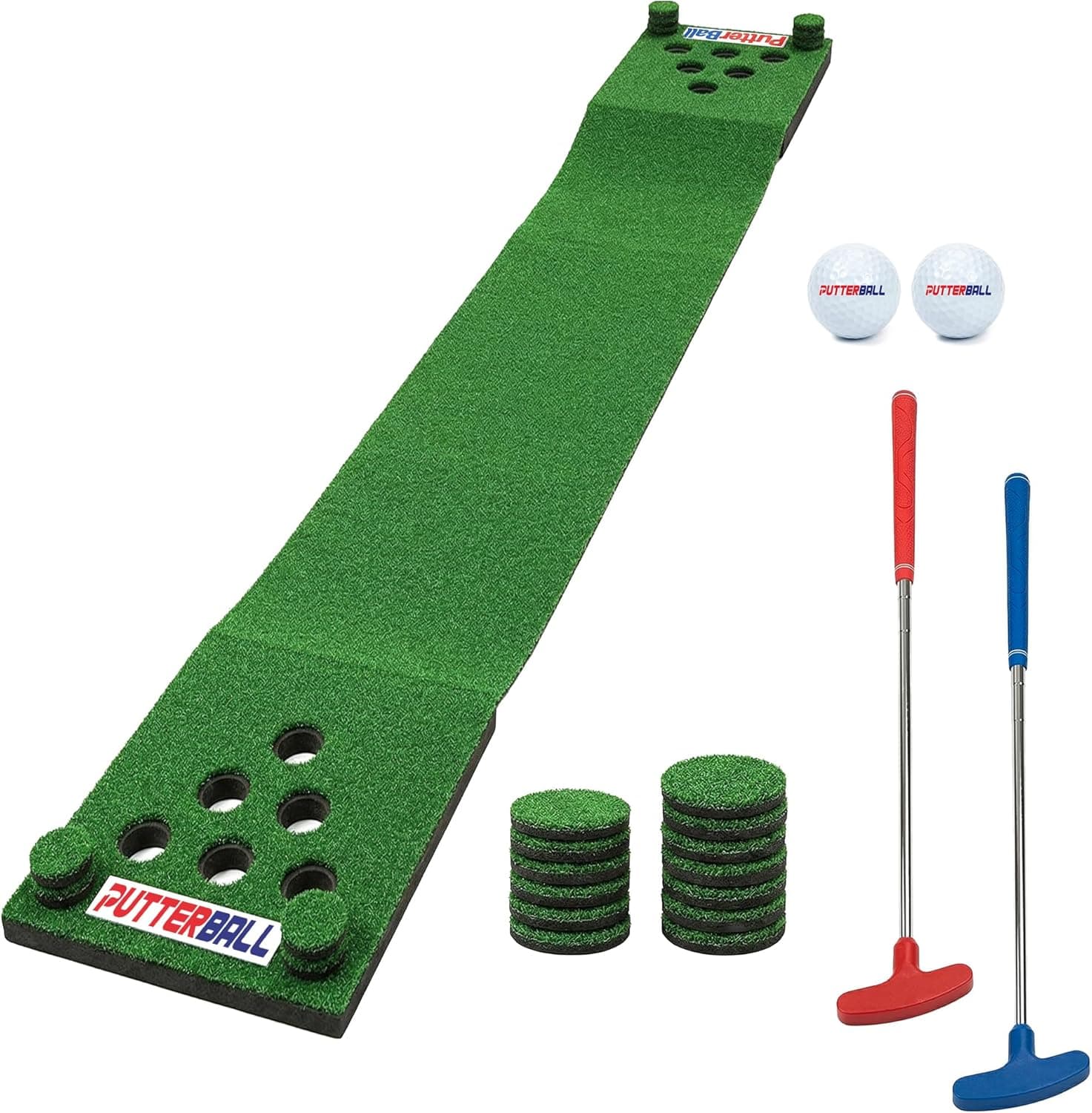 PutterBall Original Golf Putting Game Set – Backyard 12 ft Putting Green Pong Style Golf Mat with 2 Putters, 2 Balls & Hole Covers